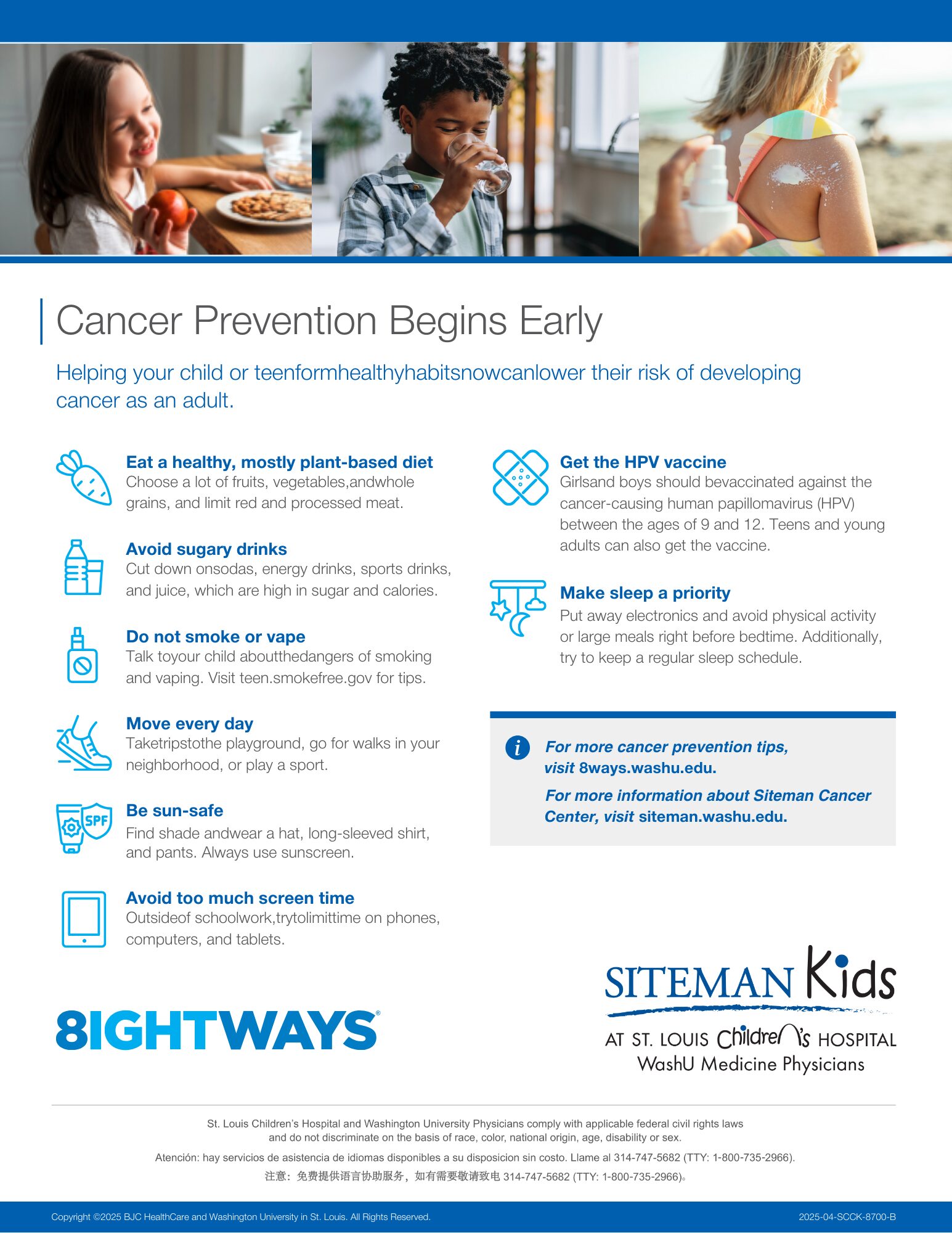 8ightWays to prevent cancer in kids flyer with tips