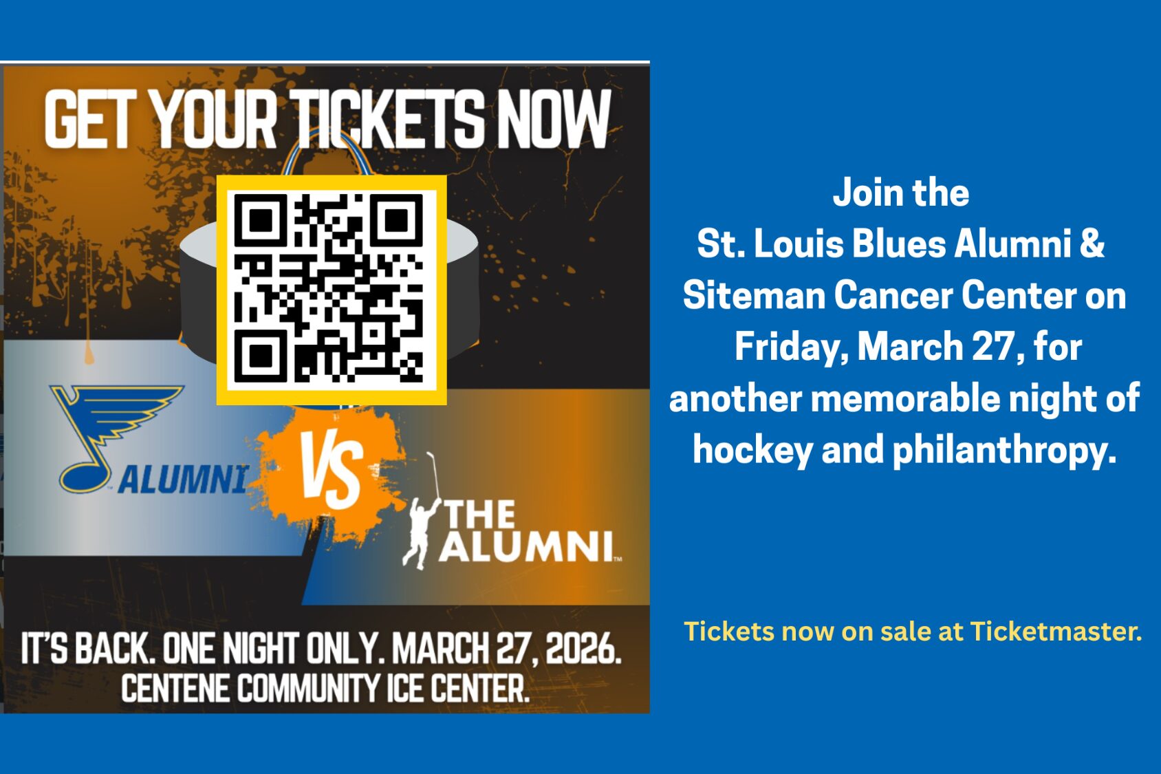 Join the St. Louis Blues Alumni & Siteman Cancer Center on March 27 for another memorable night of hockey.